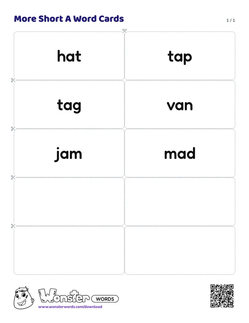 The More Short A Word Cards worksheet: 6 cards