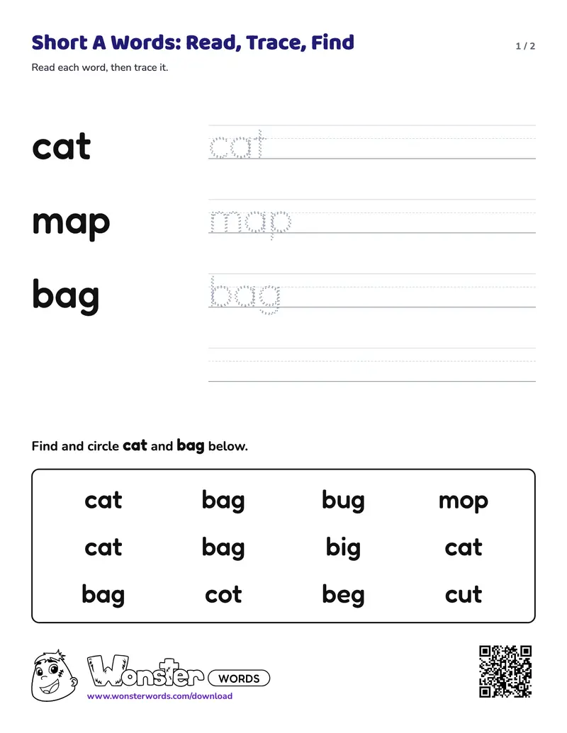 Page 1 of the Short A Words: Read, Trace, Find worksheet (2 pages): 3 words, answer key included