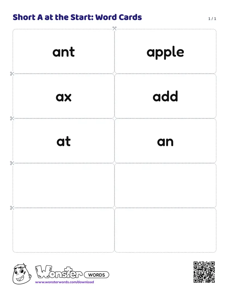 The Short A at the Start: Word Cards worksheet: 6 cards