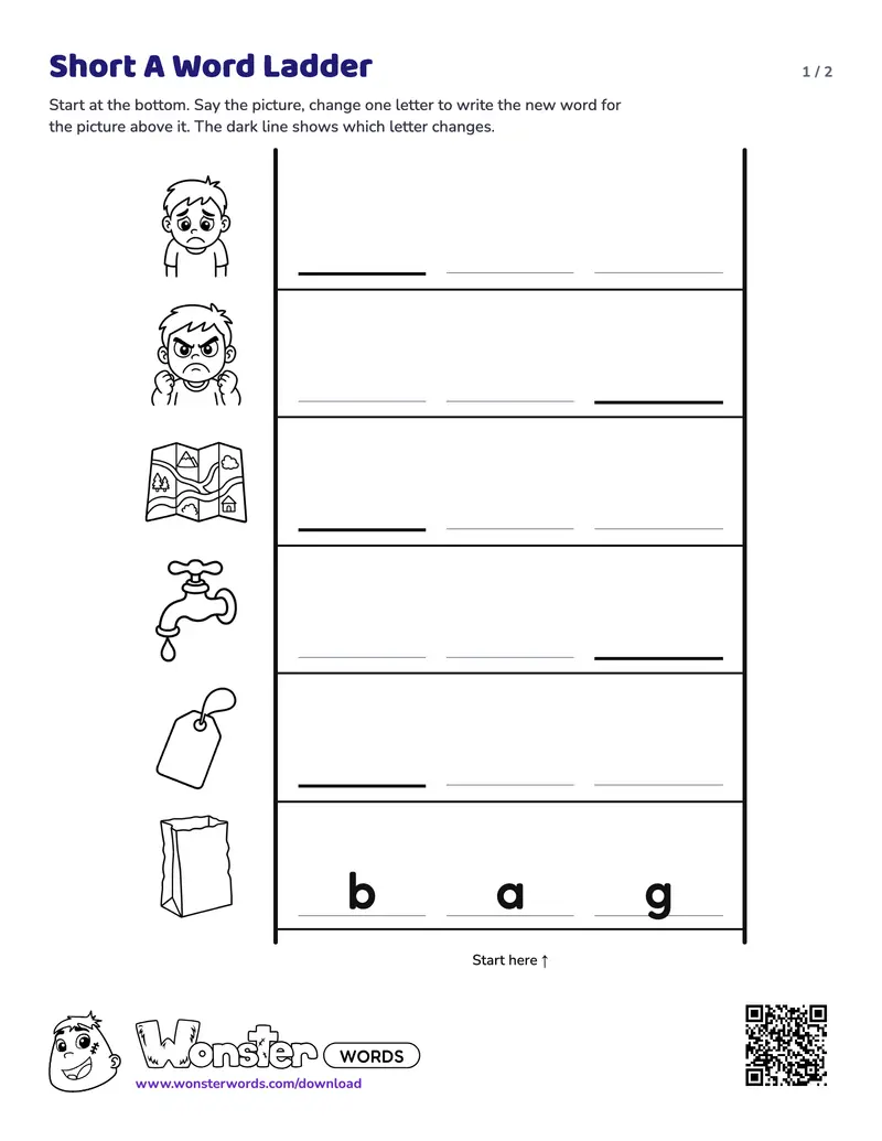 Page 1 of the Short A Word Ladder worksheet (2 pages): 6 rungs, answer key included