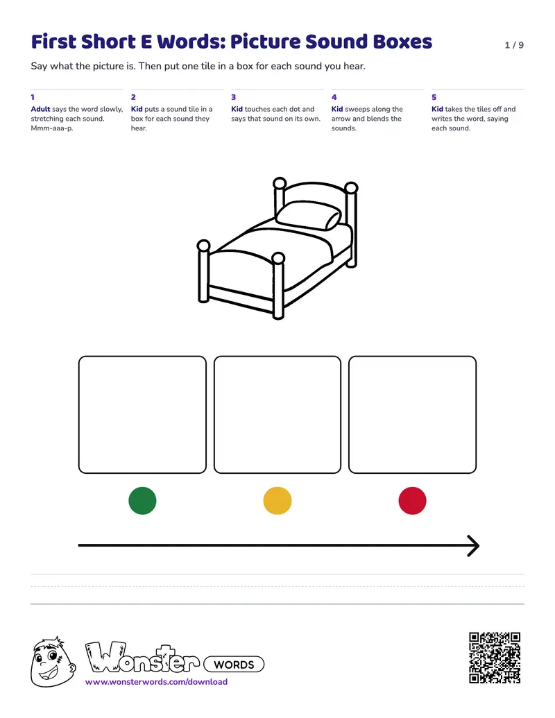Page 1 of the First Short E Words: Picture Sound Boxes worksheet (9 pages): 6 picture mats, answer key included