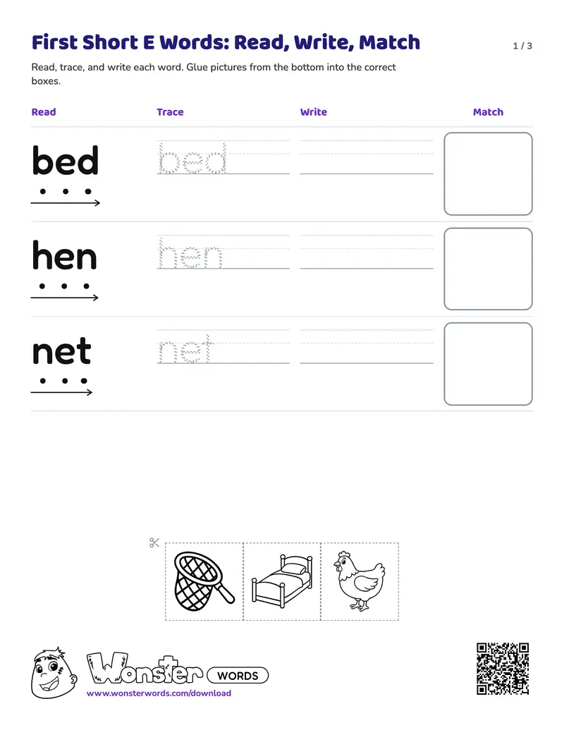 Page 1 of the First Short E Words: Read, Write, Match worksheet (3 pages): 6 words, answer key included