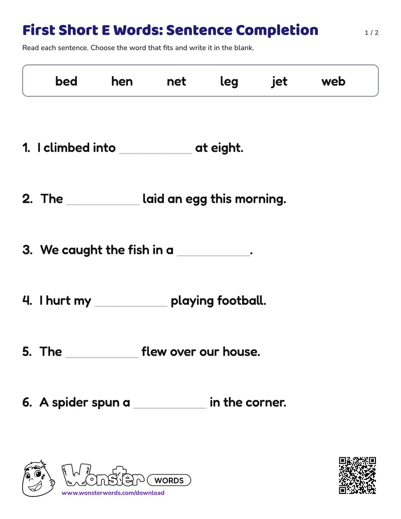 Page 1 of the First Short E Words: Sentence Completion worksheet (2 pages): 6 sentences, answer key included