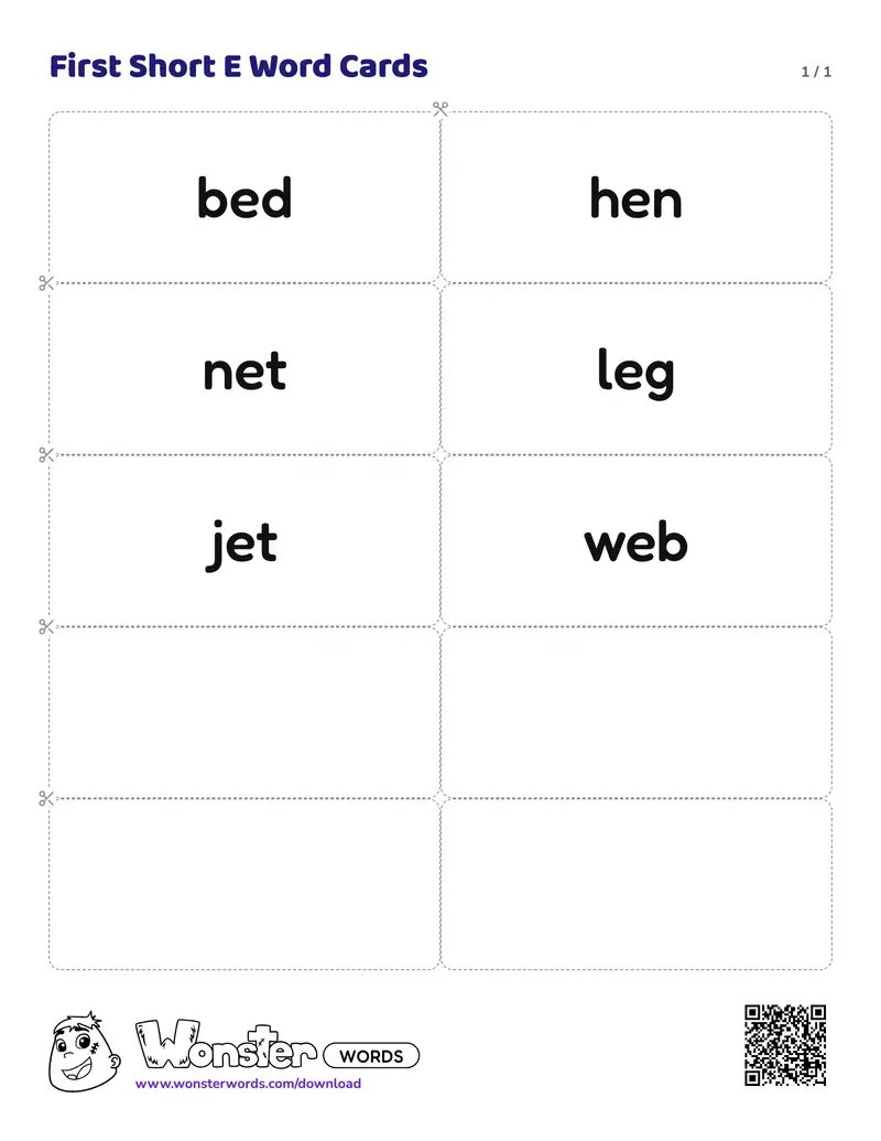The First Short E Word Cards worksheet: 6 cards