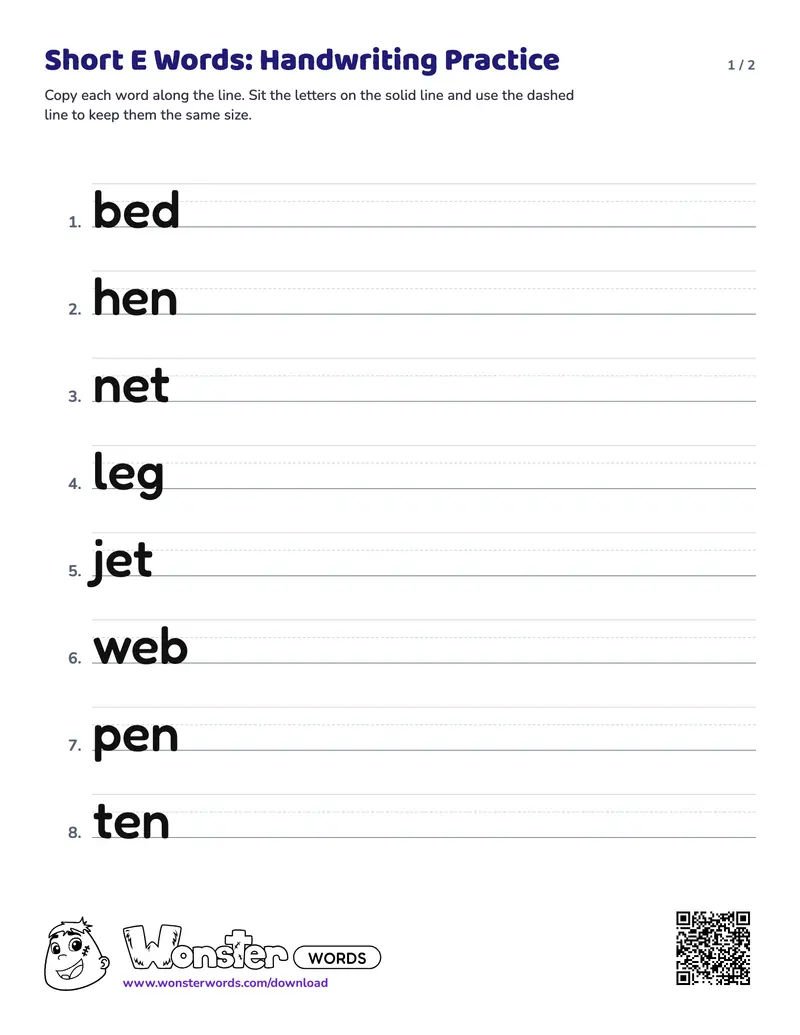 Page 1 of the Short E Words: Handwriting Practice worksheet (2 pages): 15 words