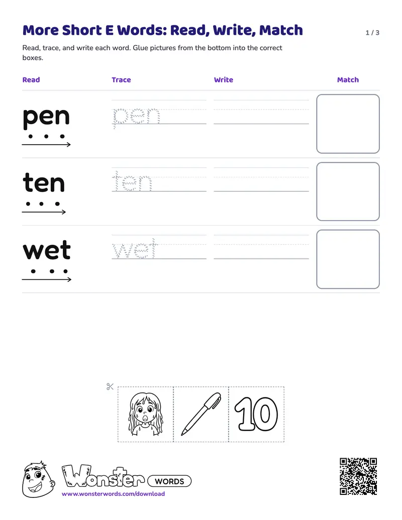 Page 1 of the More Short E Words: Read, Write, Match worksheet (3 pages): 6 words, answer key included