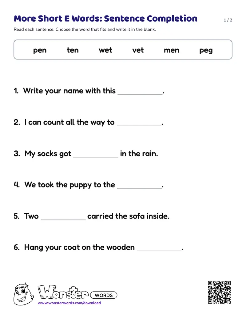 Page 1 of the More Short E Words: Sentence Completion worksheet (2 pages): 6 sentences, answer key included