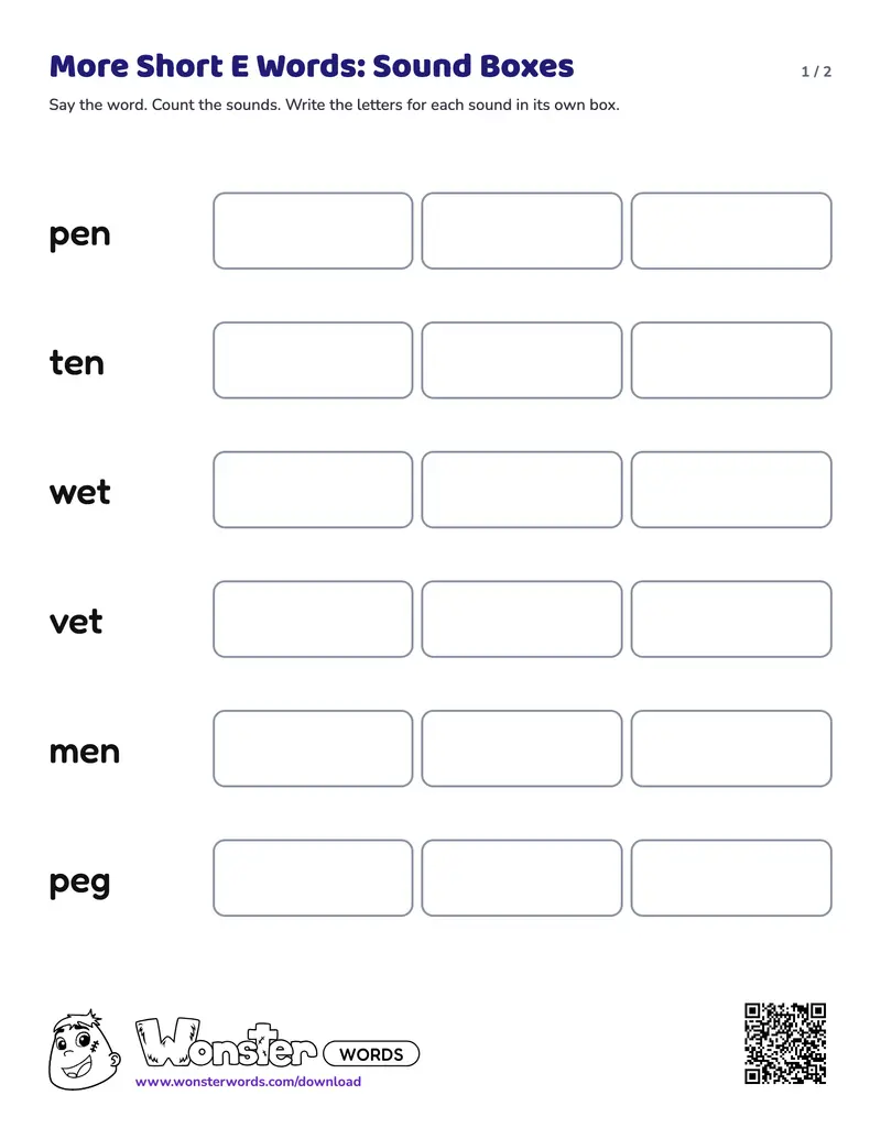 Page 1 of the More Short E Words: Sound Boxes worksheet (2 pages): 6 words, answer key included