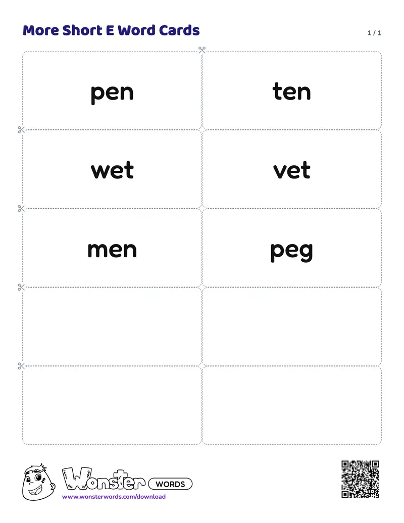 The More Short E Word Cards worksheet: 6 cards