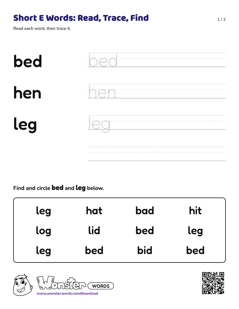 Page 1 of the Short E Words: Read, Trace, Find worksheet (2 pages): 3 words, answer key included