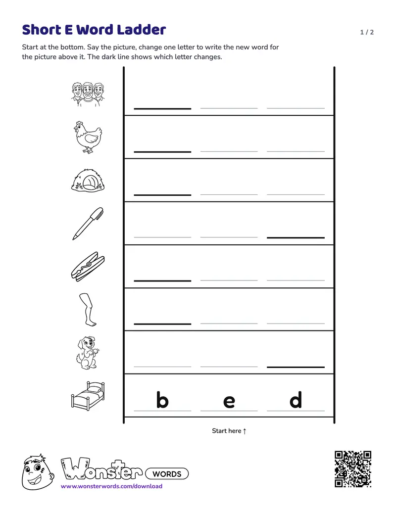 Page 1 of the Short E Word Ladder worksheet (2 pages): 8 rungs, answer key included