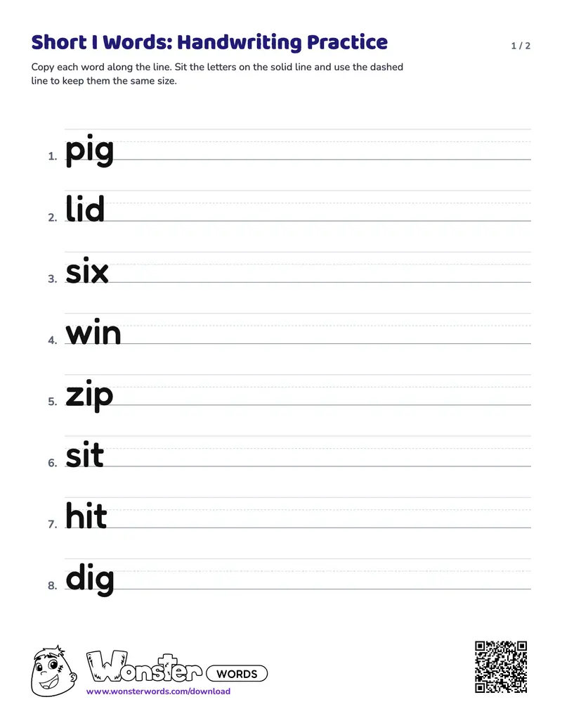 Page 1 of the Short I Words: Handwriting Practice worksheet (2 pages): 15 words
