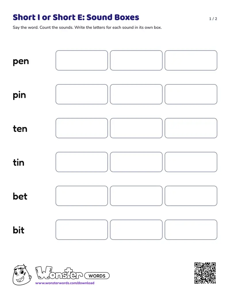 Page 1 of the Short I or Short E: Sound Boxes worksheet (2 pages): 6 words, answer key included