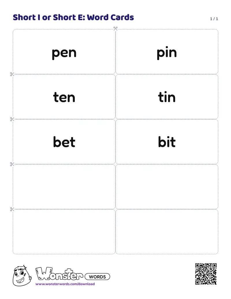 The Short I or Short E: Word Cards worksheet: 6 cards