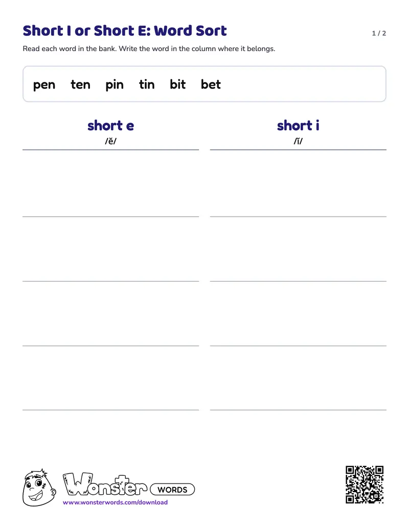 Page 1 of the Short I or Short E: Word Sort worksheet (2 pages): 6 words, answer key included