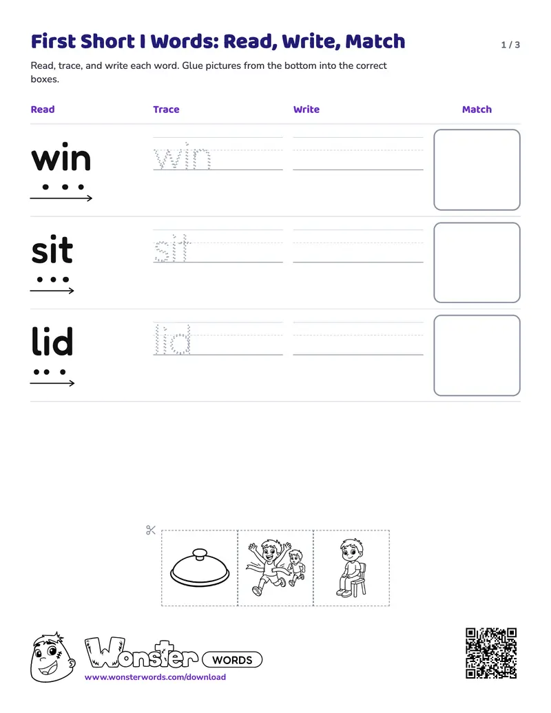 Page 1 of the First Short I Words: Read, Write, Match worksheet (3 pages): 6 words, answer key included