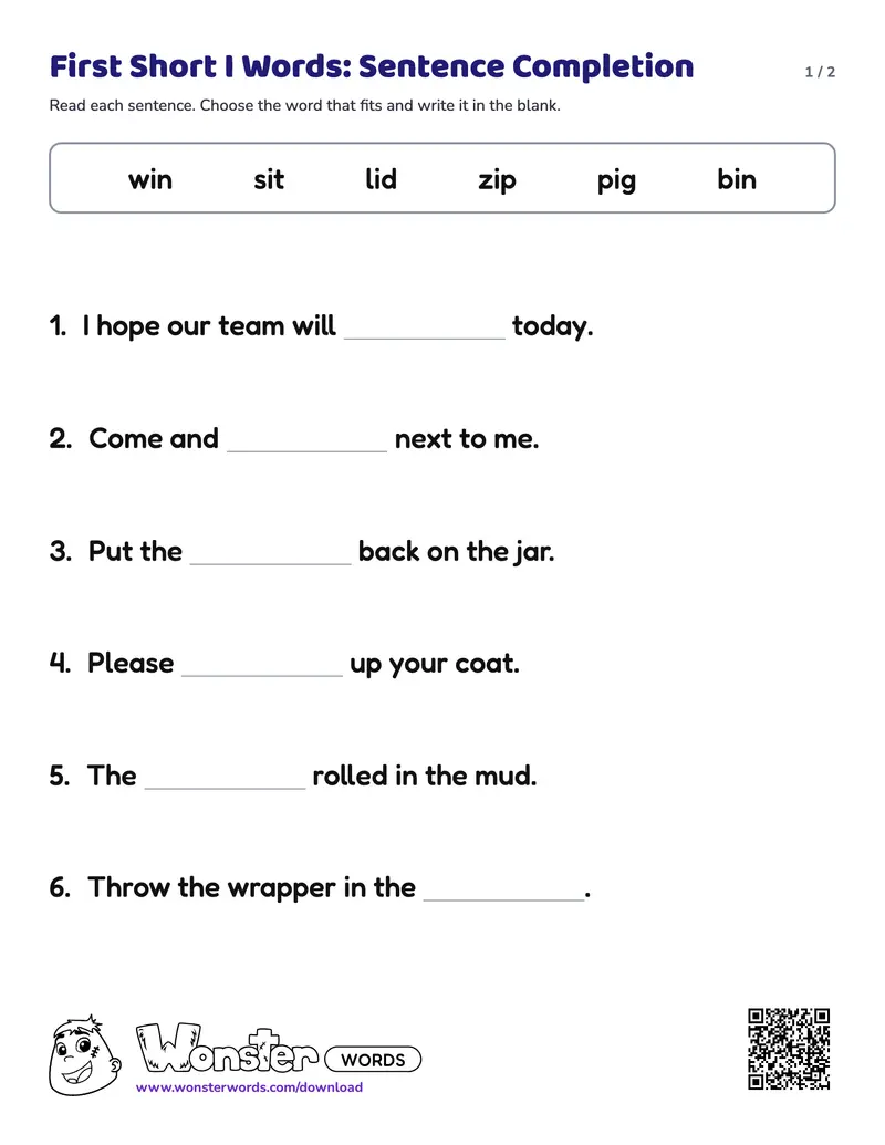 Page 1 of the First Short I Words: Sentence Completion worksheet (2 pages): 6 sentences, answer key included