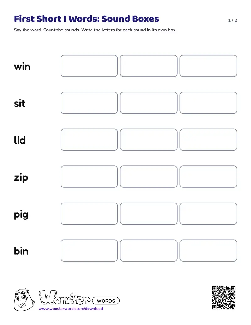 Page 1 of the First Short I Words: Sound Boxes worksheet (2 pages): 6 words, answer key included