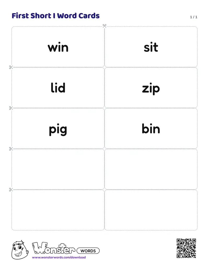 The First Short I Word Cards worksheet: 6 cards