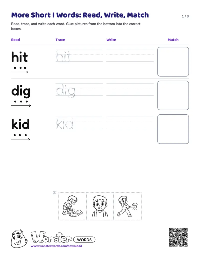 Page 1 of the More Short I Words: Read, Write, Match worksheet (3 pages): 6 words, answer key included