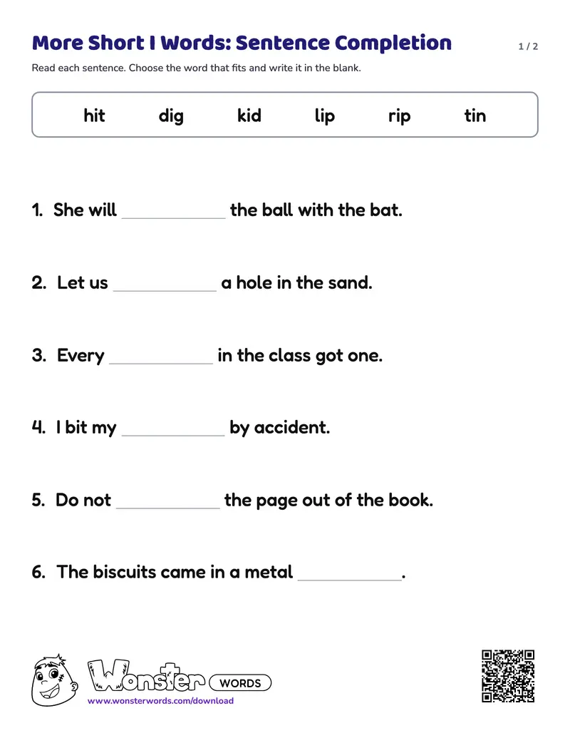 Page 1 of the More Short I Words: Sentence Completion worksheet (2 pages): 6 sentences, answer key included