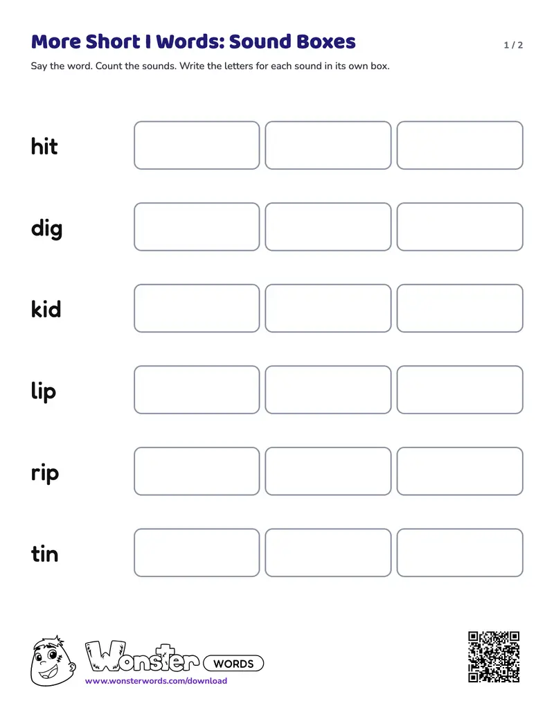 Page 1 of the More Short I Words: Sound Boxes worksheet (2 pages): 6 words, answer key included