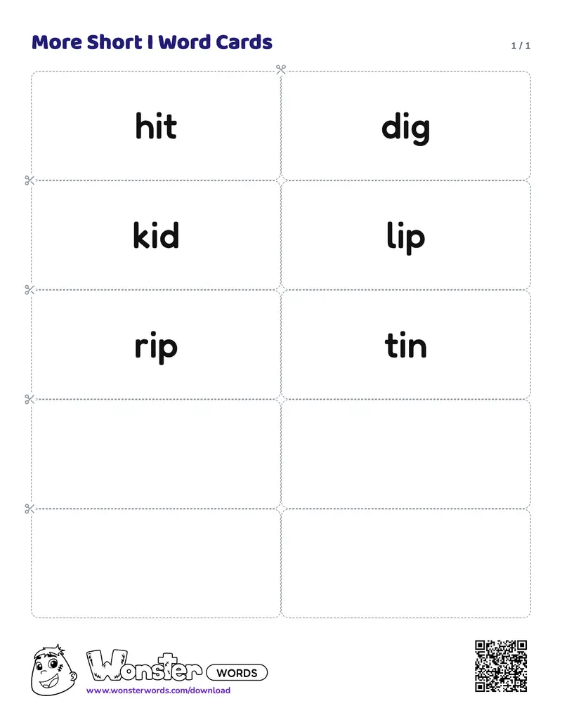 The More Short I Word Cards worksheet: 6 cards