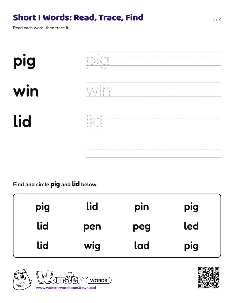 Page 1 of the Short I Words: Read, Trace, Find worksheet (2 pages): 3 words, answer key included