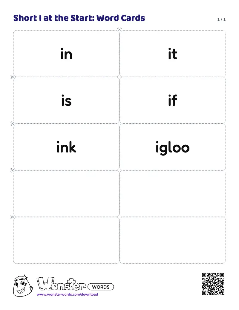 The Short I at the Start: Word Cards worksheet: 6 cards