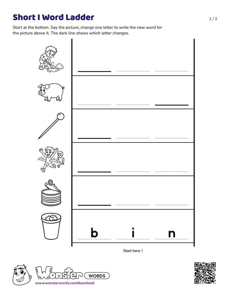 Page 1 of the Short I Word Ladder worksheet (2 pages): 6 rungs, answer key included