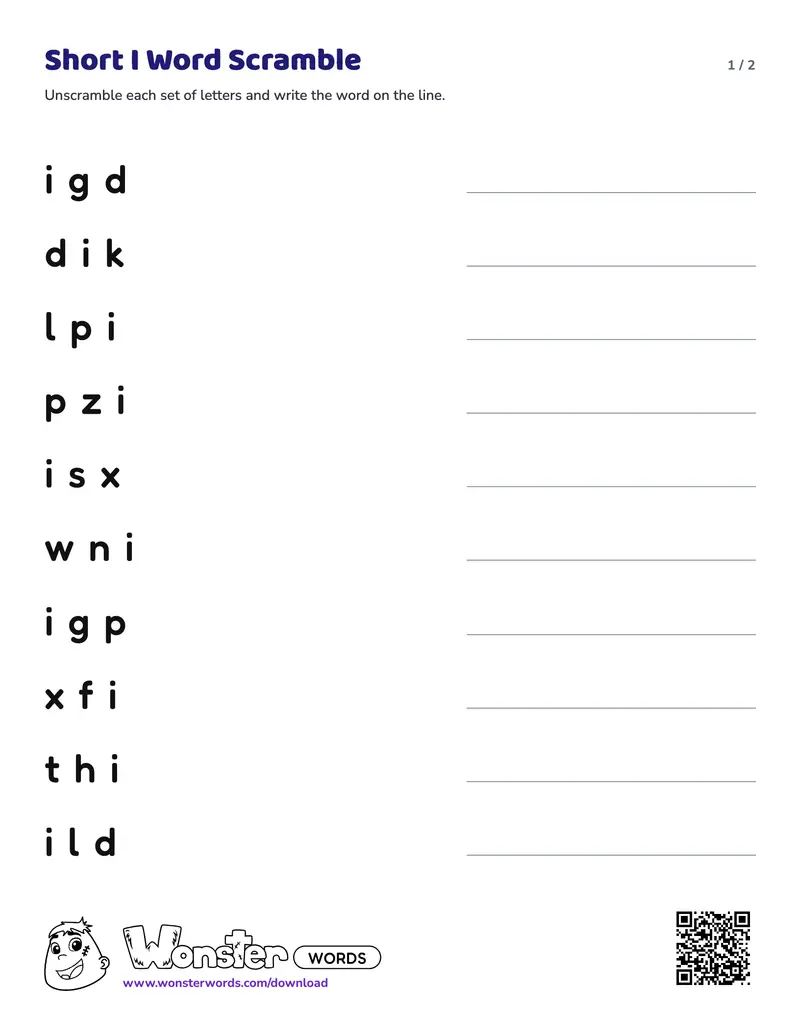 Page 1 of the Short I Word Scramble worksheet (2 pages): 10 words, answer key included