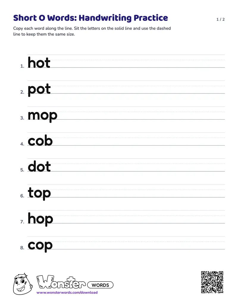 Page 1 of the Short O Words: Handwriting Practice worksheet (2 pages): 14 words