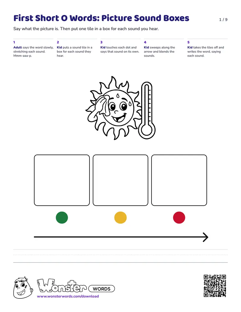 Page 1 of the First Short O Words: Picture Sound Boxes worksheet (9 pages): 6 picture mats, answer key included