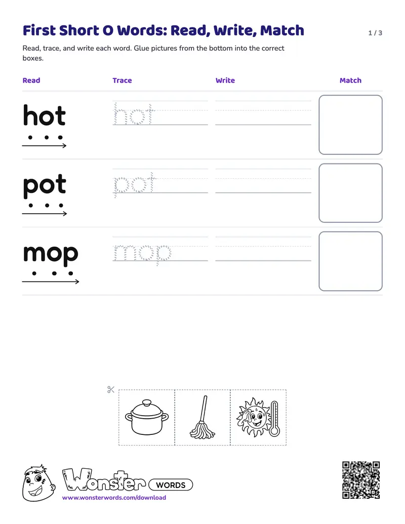 Page 1 of the First Short O Words: Read, Write, Match worksheet (3 pages): 6 words, answer key included