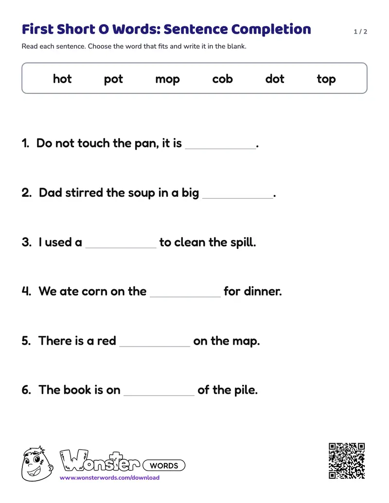 Page 1 of the First Short O Words: Sentence Completion worksheet (2 pages): 6 sentences, answer key included