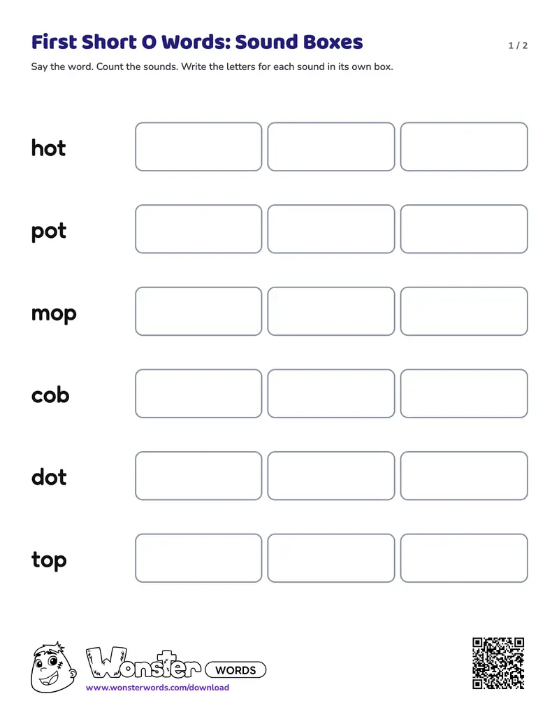 Page 1 of the First Short O Words: Sound Boxes worksheet (2 pages): 6 words, answer key included
