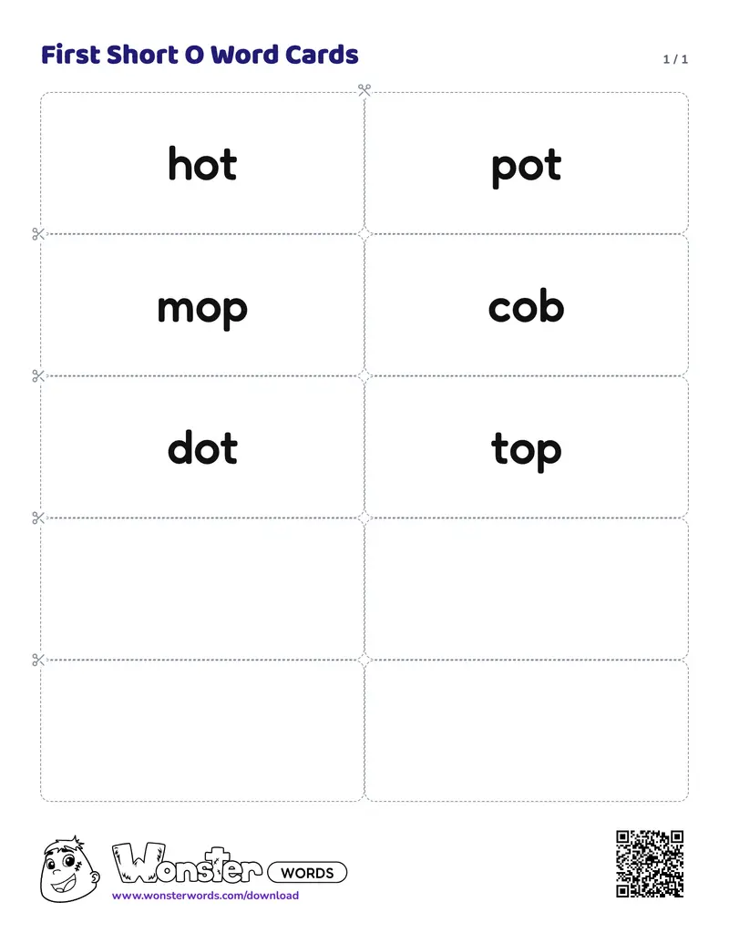 The First Short O Word Cards worksheet: 6 cards