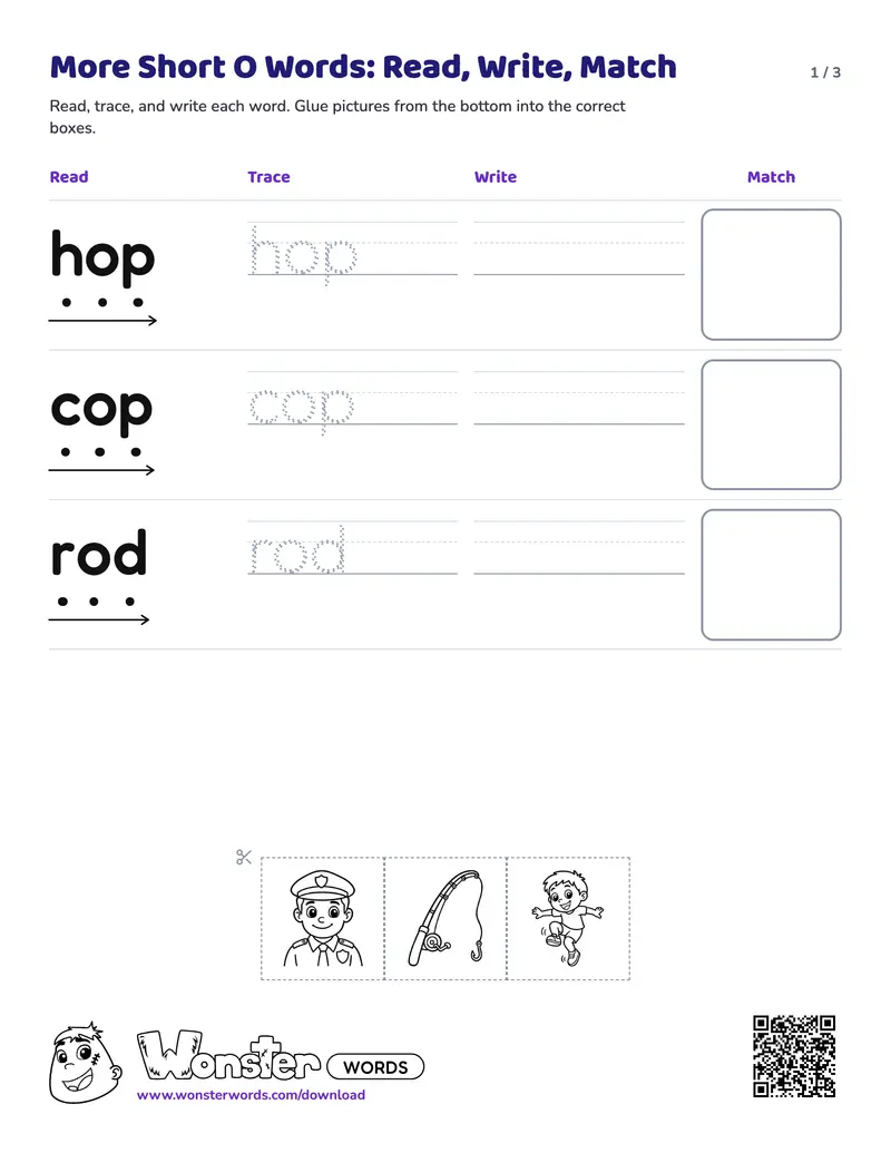 Page 1 of the More Short O Words: Read, Write, Match worksheet (3 pages): 6 words, answer key included