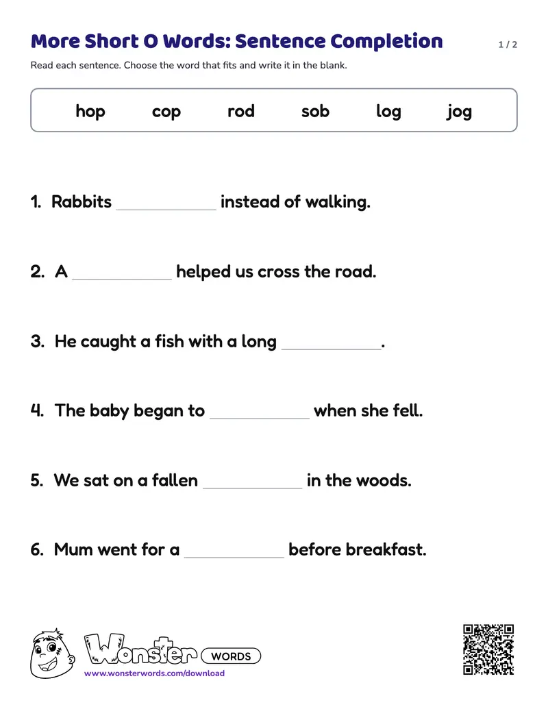 Page 1 of the More Short O Words: Sentence Completion worksheet (2 pages): 6 sentences, answer key included