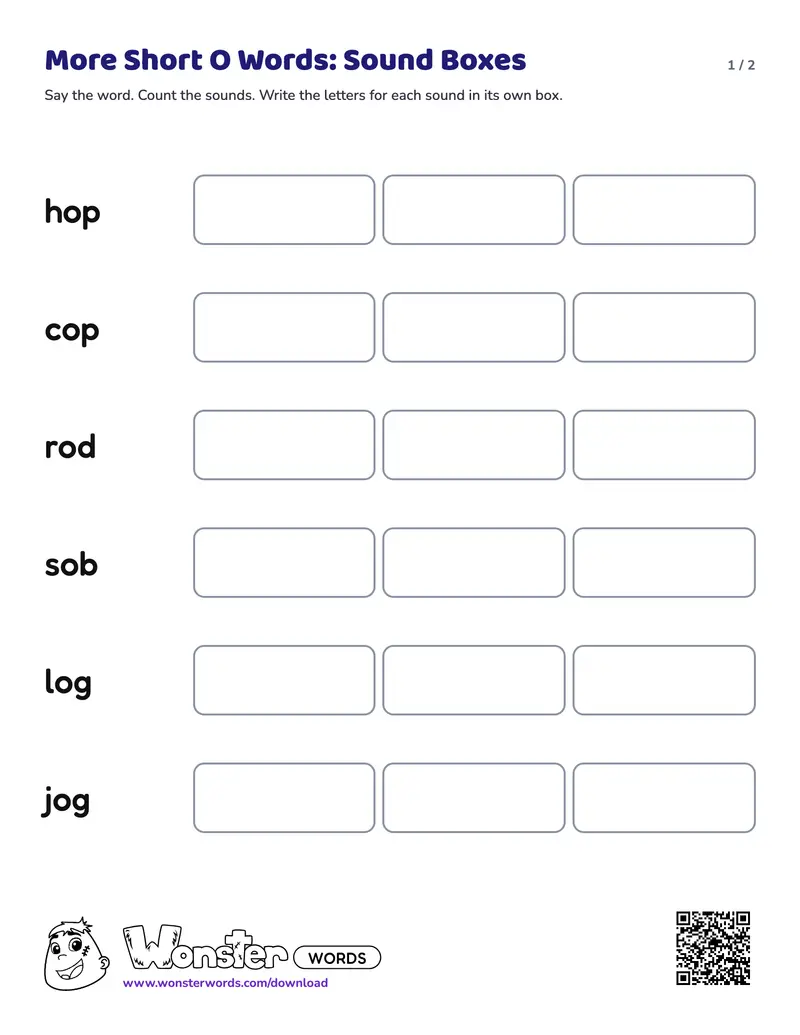Page 1 of the More Short O Words: Sound Boxes worksheet (2 pages): 6 words, answer key included