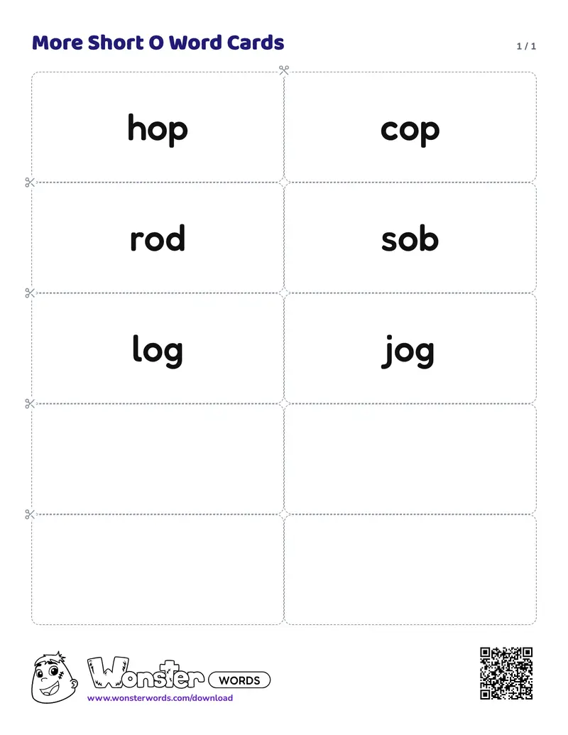 The More Short O Word Cards worksheet: 6 cards