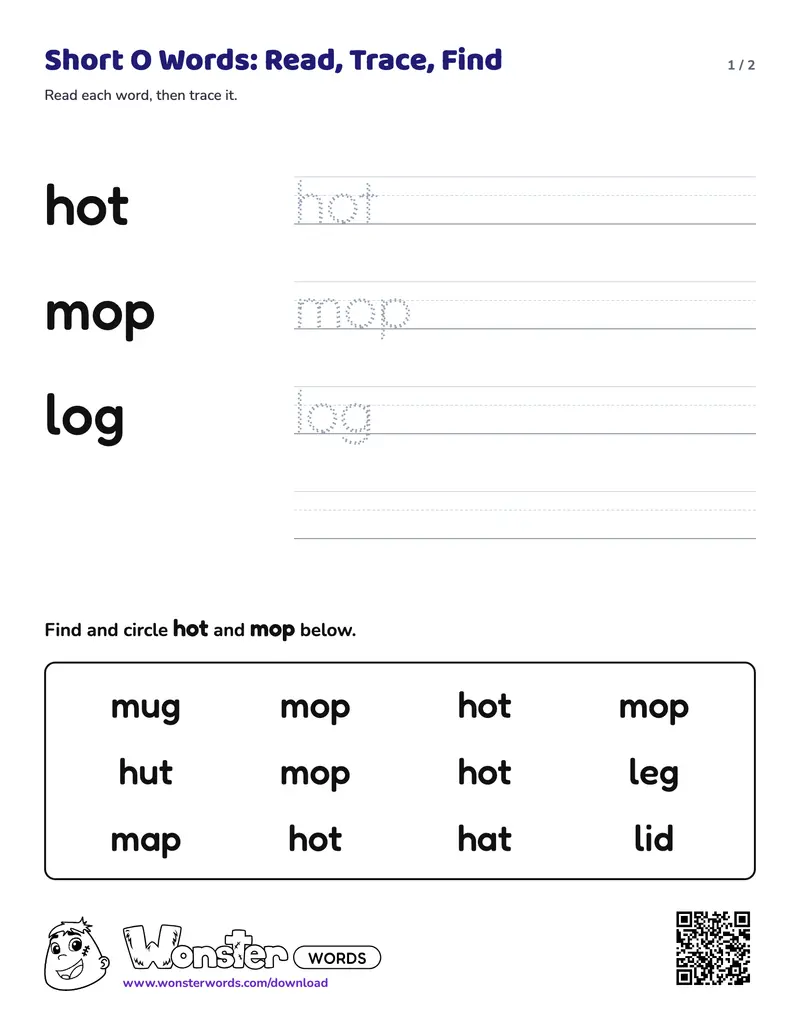Page 1 of the Short O Words: Read, Trace, Find worksheet (2 pages): 3 words, answer key included