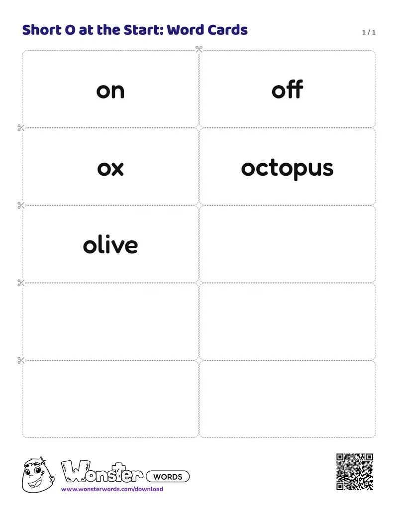 The Short O at the Start: Word Cards worksheet: 5 cards