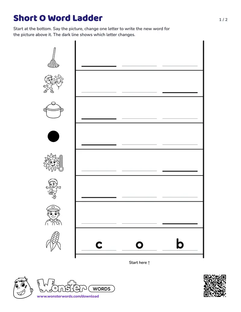 Page 1 of the Short O Word Ladder worksheet (2 pages): 8 rungs, answer key included