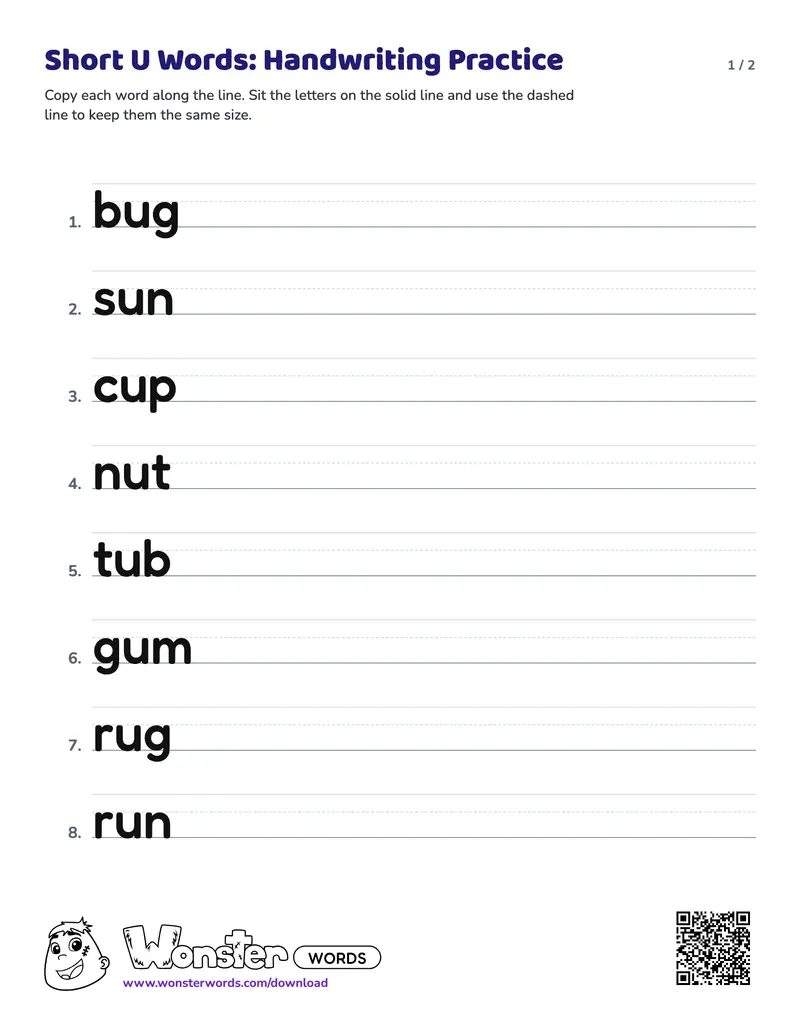 Page 1 of the Short U Words: Handwriting Practice worksheet (2 pages): 15 words
