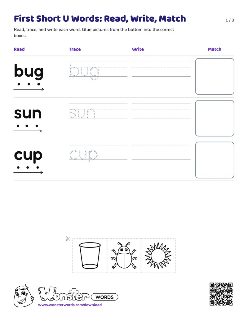 Page 1 of the First Short U Words: Read, Write, Match worksheet (3 pages): 6 words, answer key included