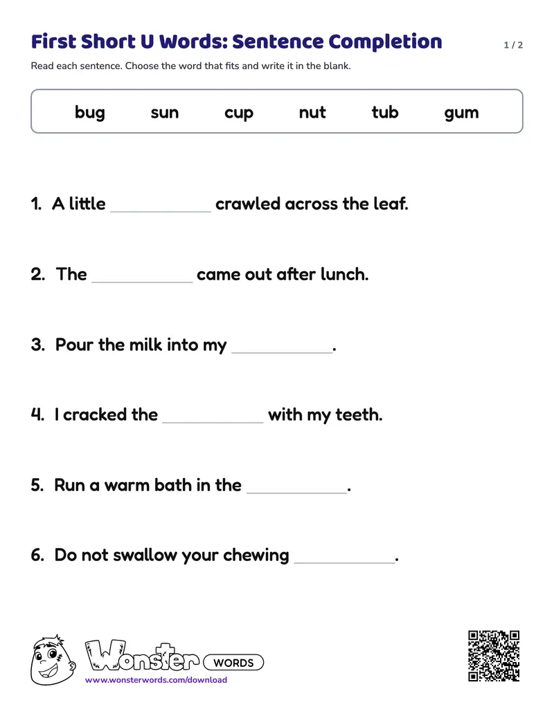 Page 1 of the First Short U Words: Sentence Completion worksheet (2 pages): 6 sentences, answer key included
