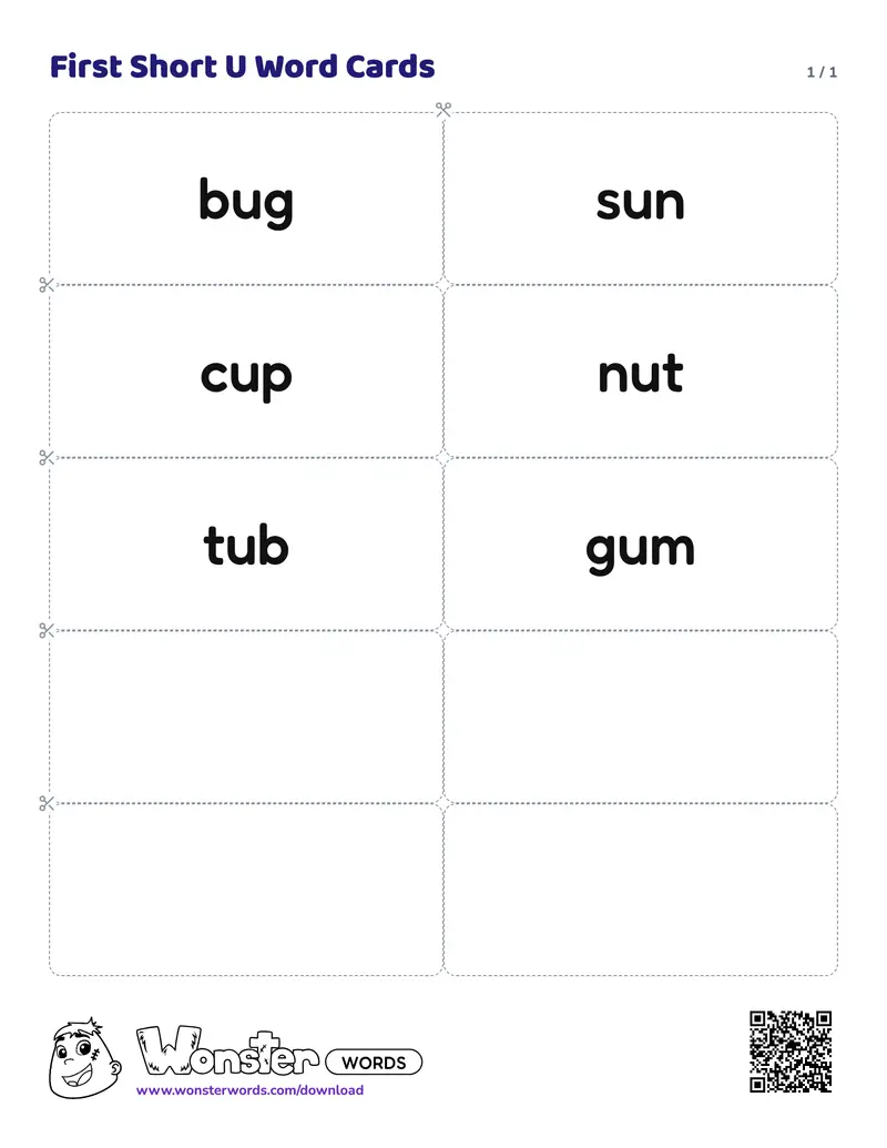 The First Short U Word Cards worksheet: 6 cards