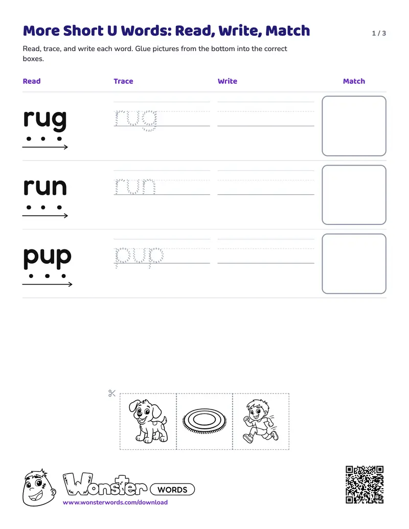 Page 1 of the More Short U Words: Read, Write, Match worksheet (3 pages): 6 words, answer key included