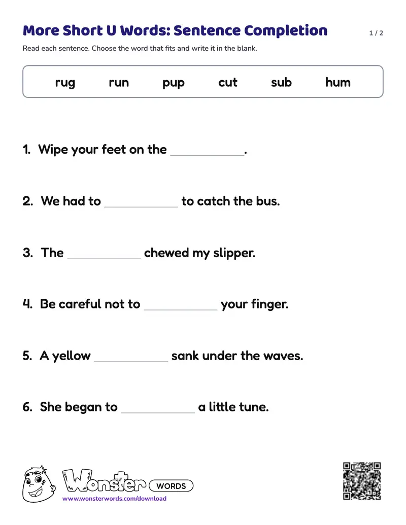 Page 1 of the More Short U Words: Sentence Completion worksheet (2 pages): 6 sentences, answer key included